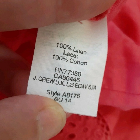 J. CREW Vintage Pink or Coral Linen and Lace Eyelet Boho Peasant Blouse Size XS - Picture 6 of 8